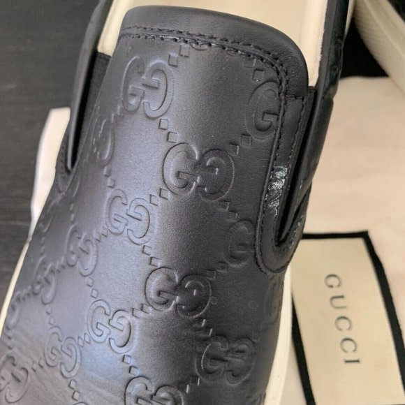 *GUCCI BLACK LEATHER EMBOSSED LOGO SLIP ON SNEAKERS SZ 8.5 MADE IN ITALY #407364 - Picture 7 of 16